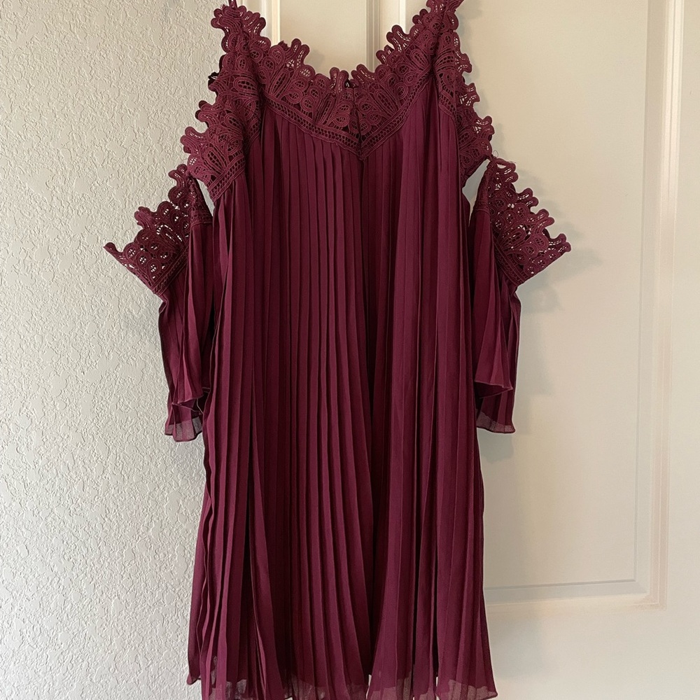 Burgundy Pleated Lace Off-Shoulder Dress